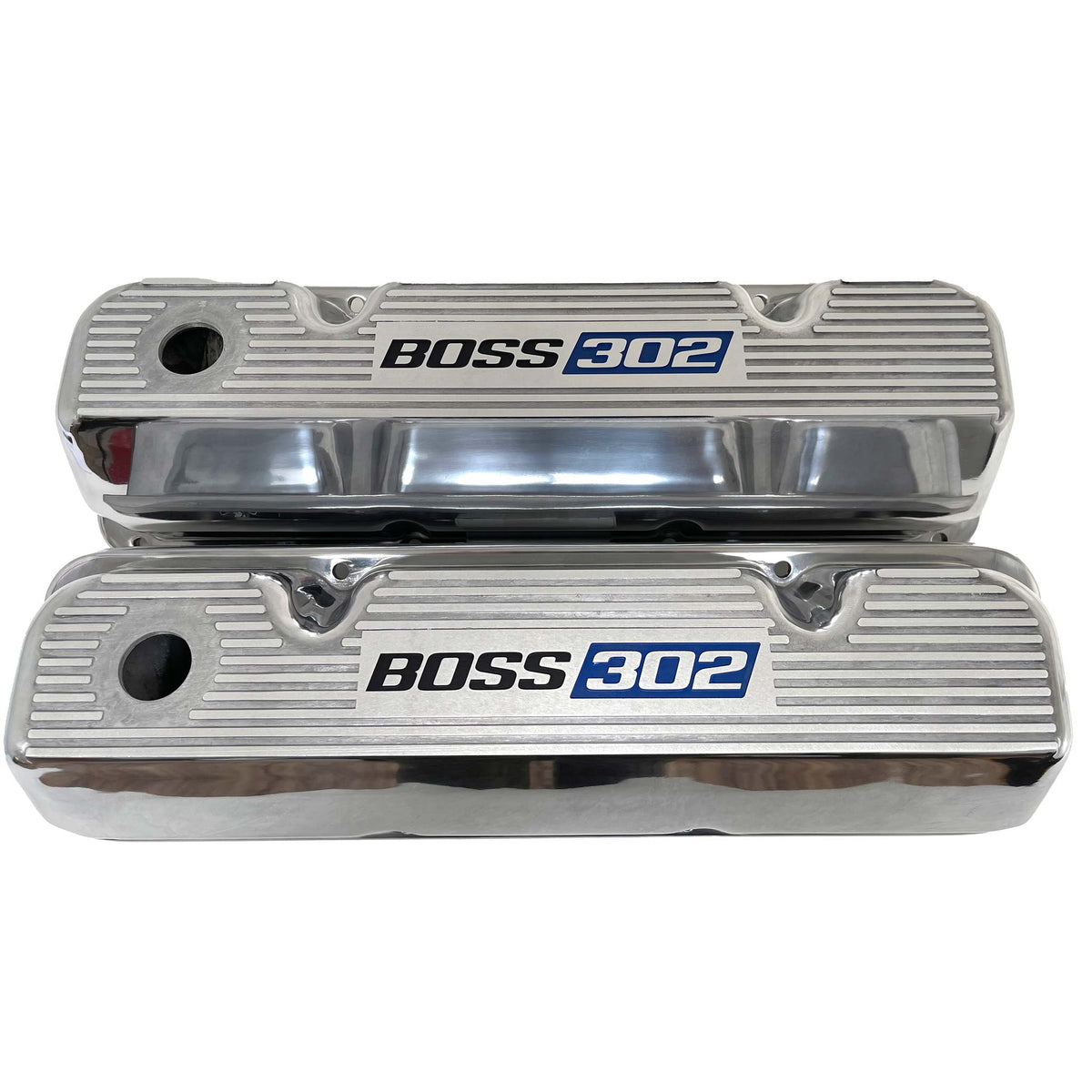 Ford BOSS 302 Valve Covers Blue Logo - 351 Cleveland - Polished