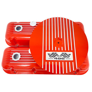 Big Block Chevy 496 Valve Covers, Flag Logo & 14" Air Cleaner - Orange