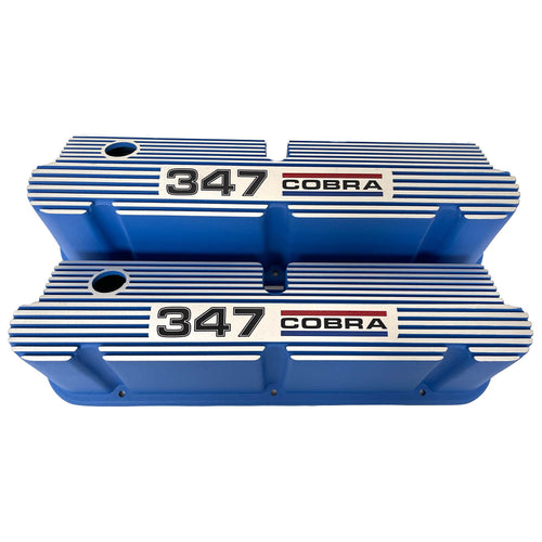 Ford Small Block Pentroof 347 Cobra Tall Valve Covers, 3 Color Logo - Blue