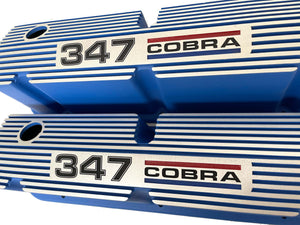 Ford Small Block Pentroof 347 Cobra Tall Valve Covers, 3 Color Logo - Blue