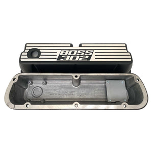 Ford Boss 302 Windsor Black Tall Finned Valve Covers, Style 3