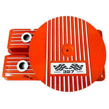 Load image into Gallery viewer, Small Block Chevy 327 Finned Valve Covers &amp; 14&quot; Round Air Cleaner Kit - Orange