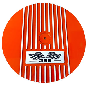 Small Block Chevy 355 Finned Valve Covers & 14" Round Air Cleaner Kit - Orange