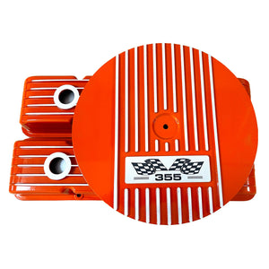 Small Block Chevy 355 Finned Valve Covers & 14" Round Air Cleaner Kit - Orange