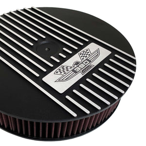 ansen custom engraving, ford fe tall 390 american eagle, air cleaner lid kit, black, angled view