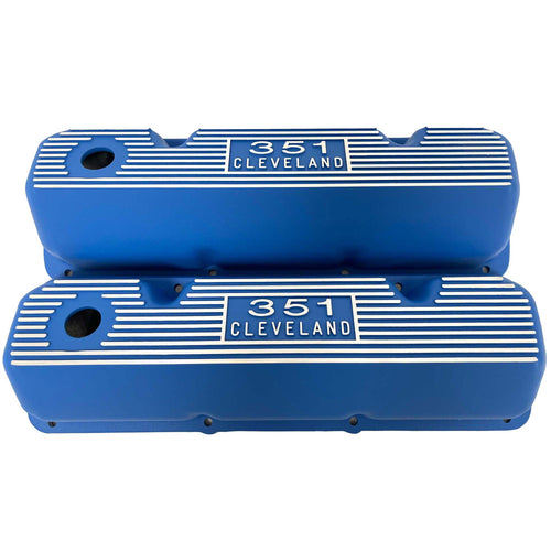 Ford 351 Cleveland - Die-cast Logo - Finned Valve Covers - Blue