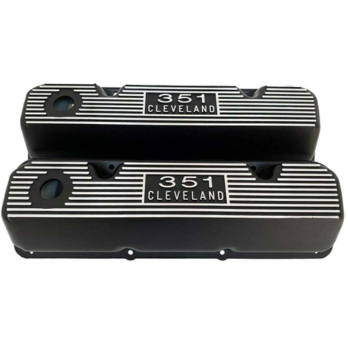 Ford 351 Cleveland - Die-cast Logo - Finned Valve Covers - Black