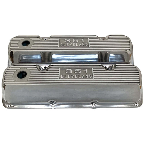 Ford 351 Cleveland - Die-cast Logo - Finned Valve Covers - Polished