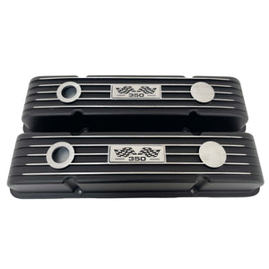 Small Block Chevy 350 Finned Valve Covers & 14" Round Air Cleaner Kit - Black