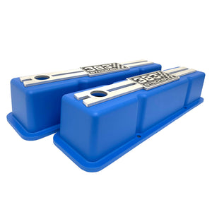 Small Block Chevy Stroker Tall Valve Covers, Custom Engraved Skeleton Billet - Blue