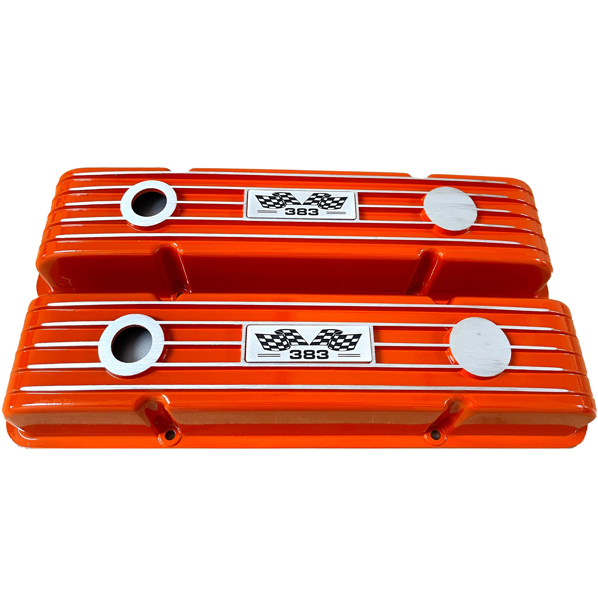 Small Block Chevy 383 Valve Covers Flag Logo Finned Orange