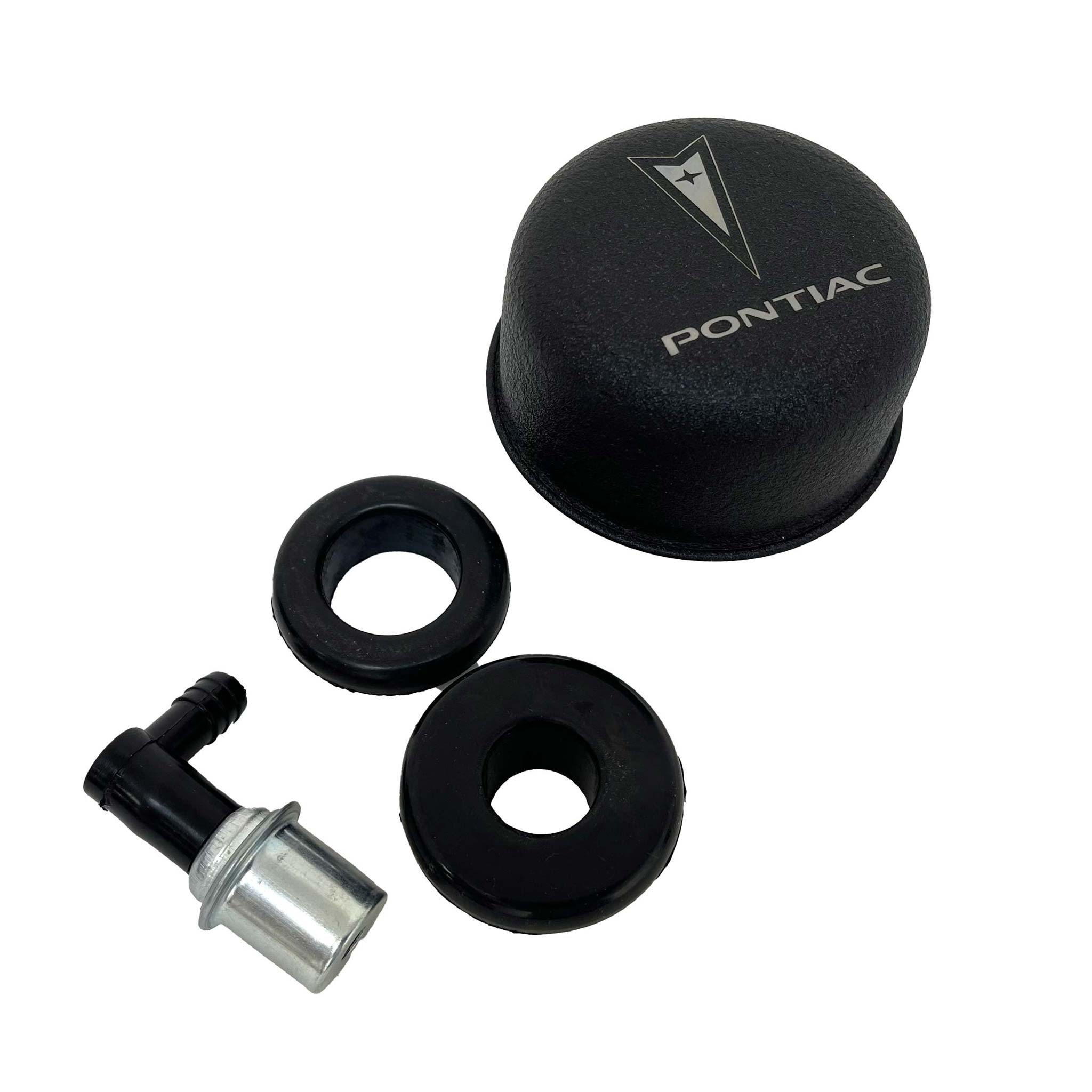 Pontiac Silver Logo Chrome Breather and PCV Valve Set - Black