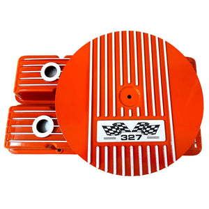 Small Block Chevy 327 Finned Valve Covers & 13" Round Air Cleaner Kit - Orange