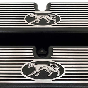 ansen custom engraving, ford 289, 302, 351w valve covers, cougar style, black, close up view