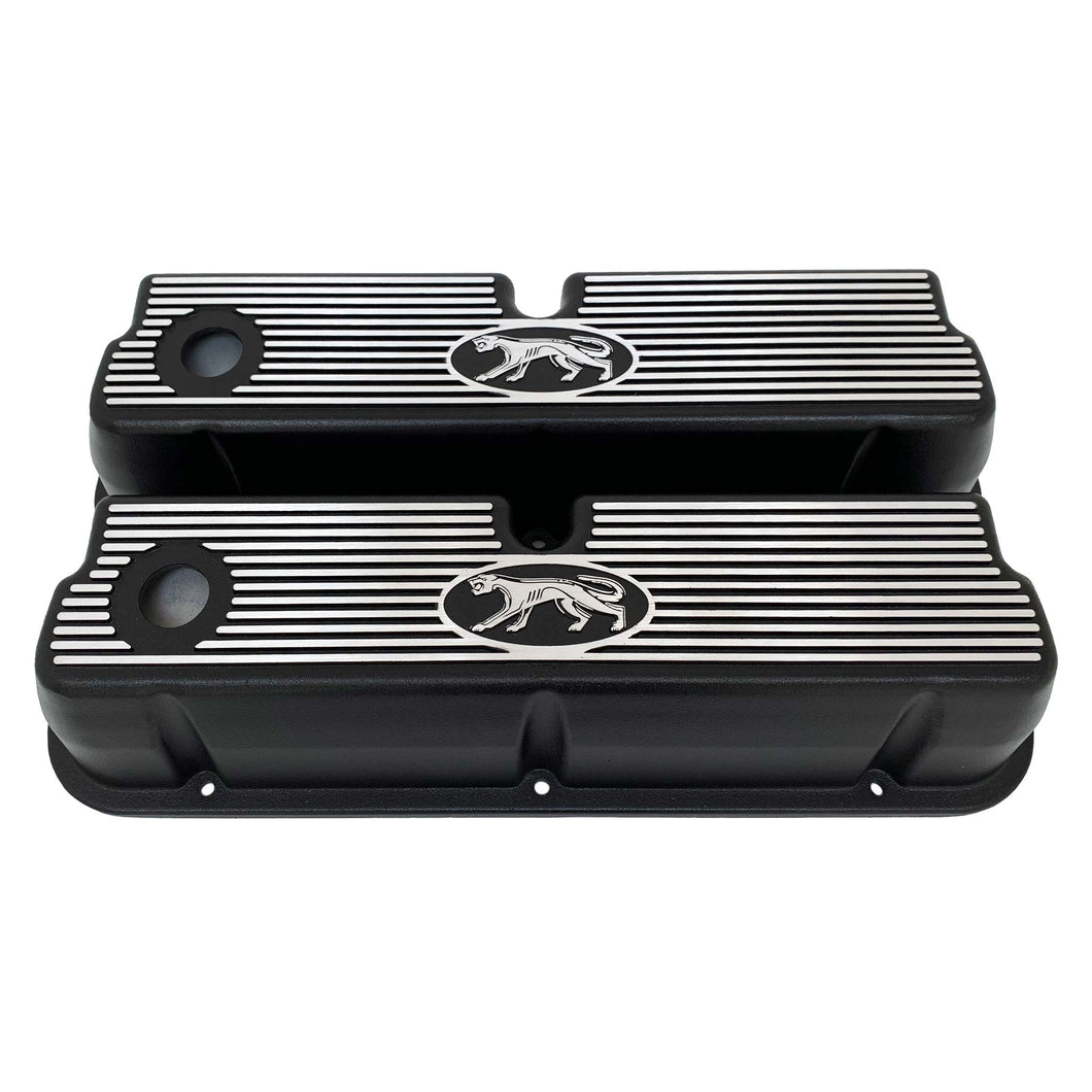 ansen custom engraving, ford 289, 302, 351w valve covers, cougar style, black, front view