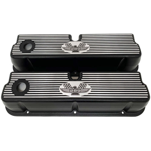 ansen custom engraving, ford 289 american eagle tall valve covers, black, front view