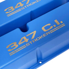 Load image into Gallery viewer, ansen valve covers, ford, 347 c.i. stroker, laser engraved, blue powder coat, close up view