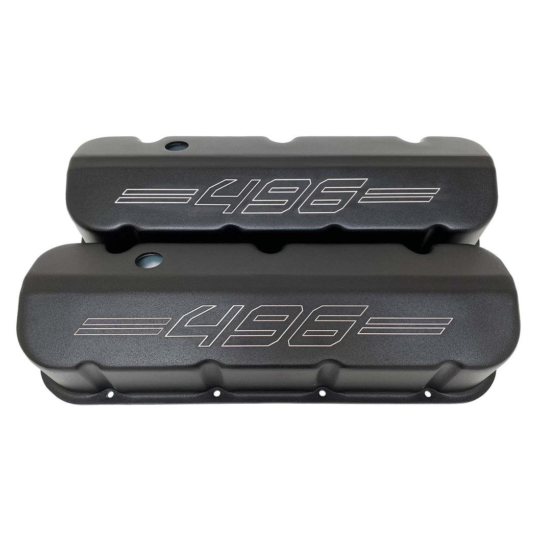 ansen custom engraving, big block chevy 496 valve covers, laser engraved, black, front view